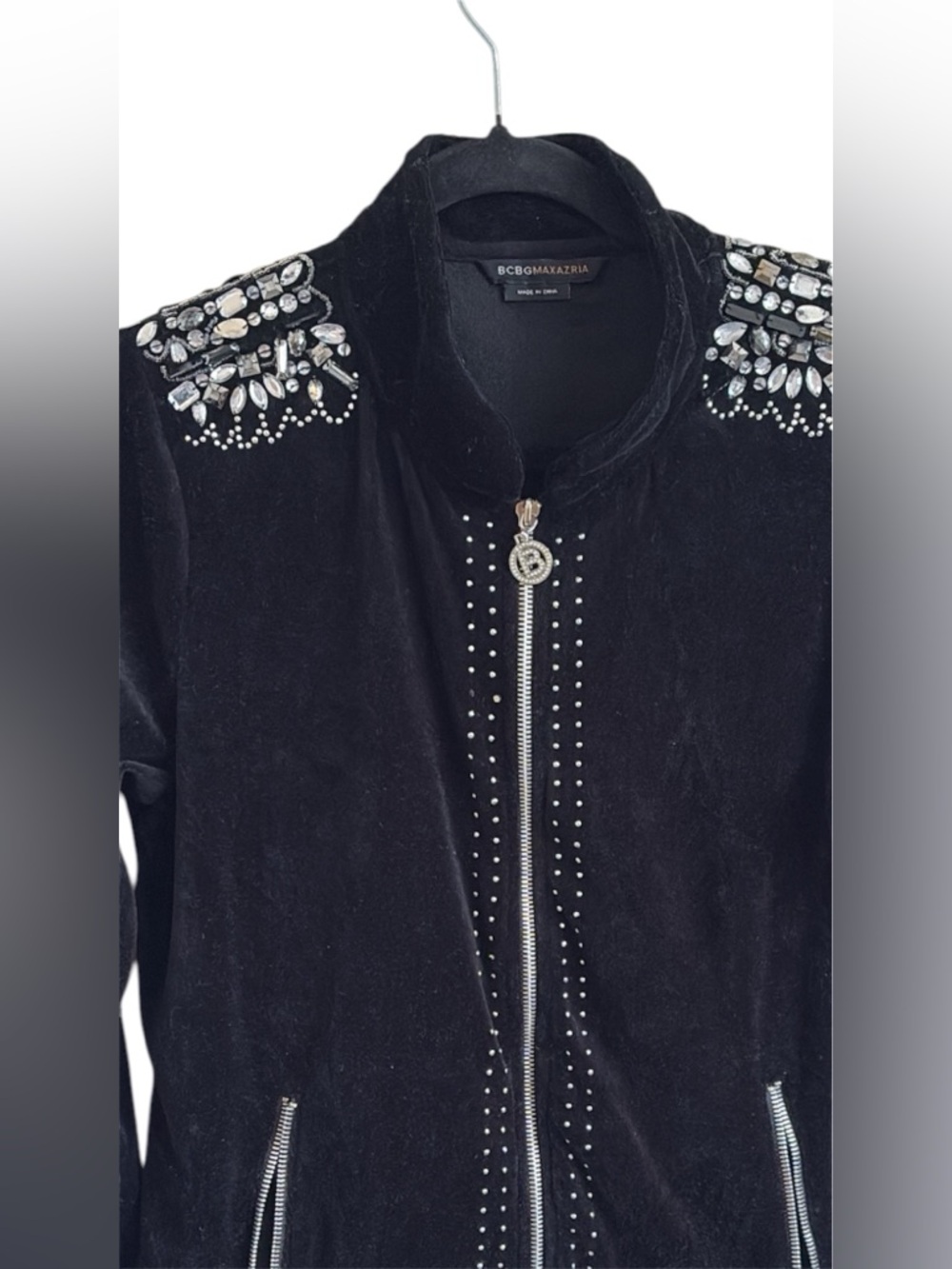 BCBGMAXAZRIA Y2K Velour Black Rhinestone Embellished Zip-Front Jacket - Picture 5 of 7